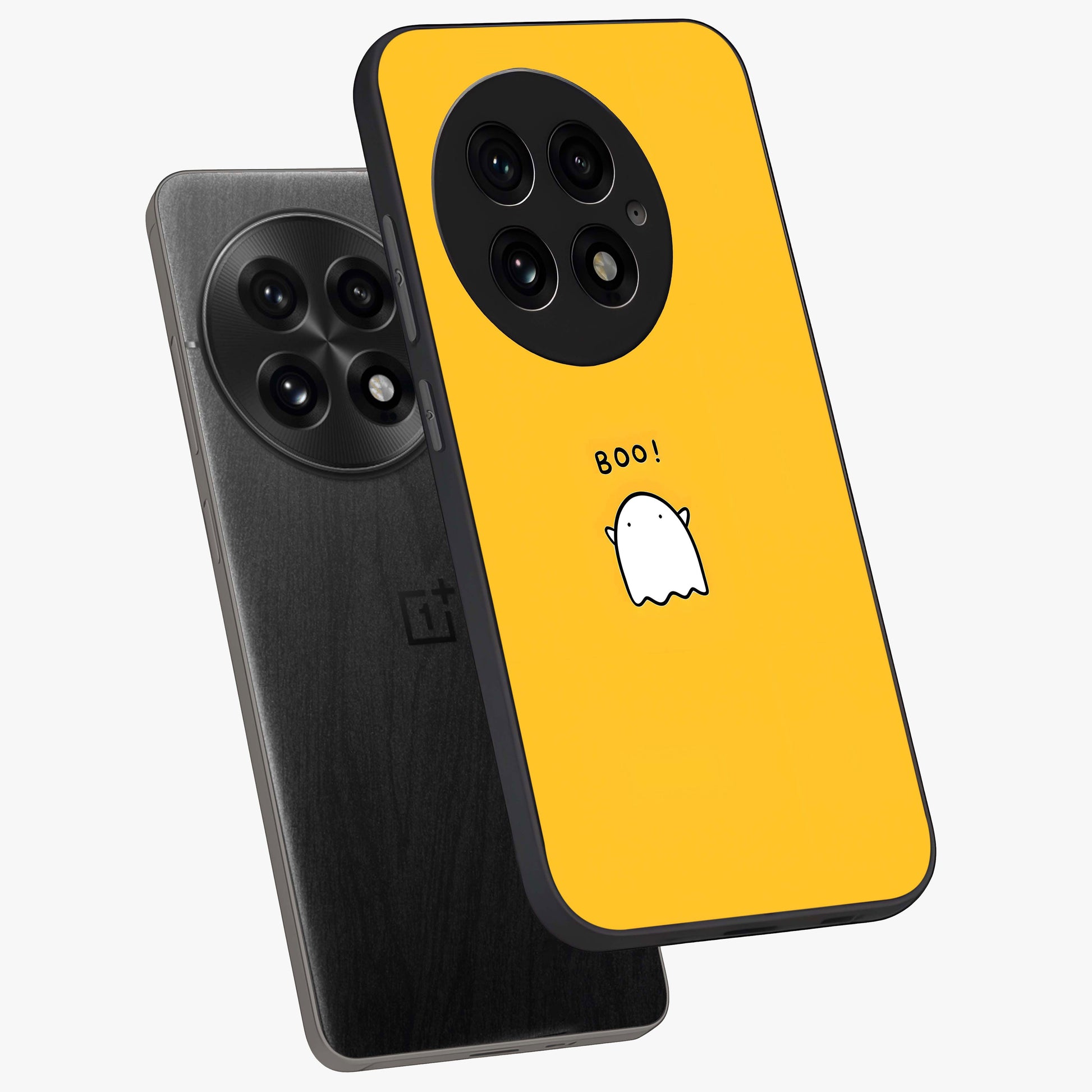 Yellow Boo Ghost Glass Case for 1+13 angled mockup showcasing glossy finish and fun animated detailing
