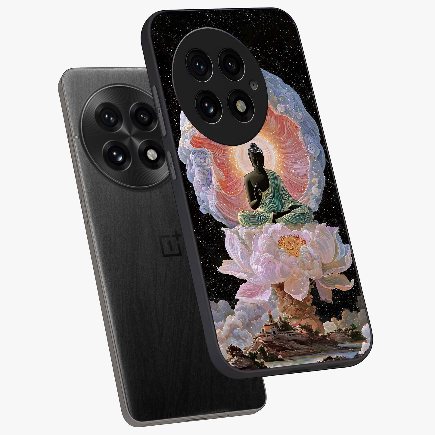 Zen Lotus Realm Glass Case for 1+13 angled mockup showcasing glossy finish and serene gradient detailing