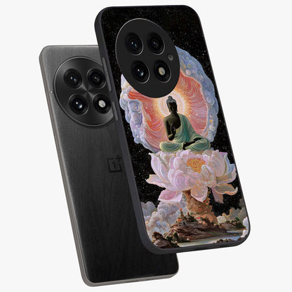 Zen Lotus Realm Glass Case for 1+13 angled mockup showcasing glossy finish and serene gradient detailing