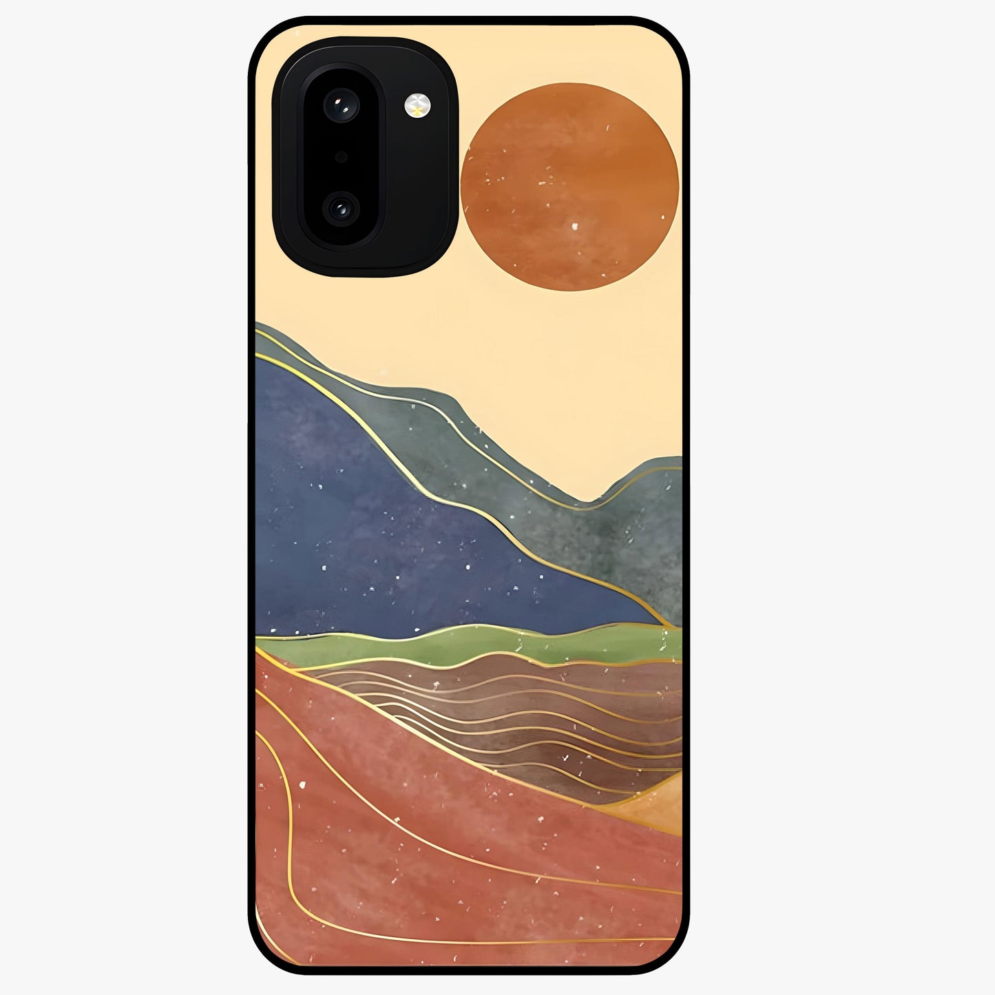 Abstract Mountain Glow Glass Case for 1+15R front view featuring glowing mountain landscape artwork