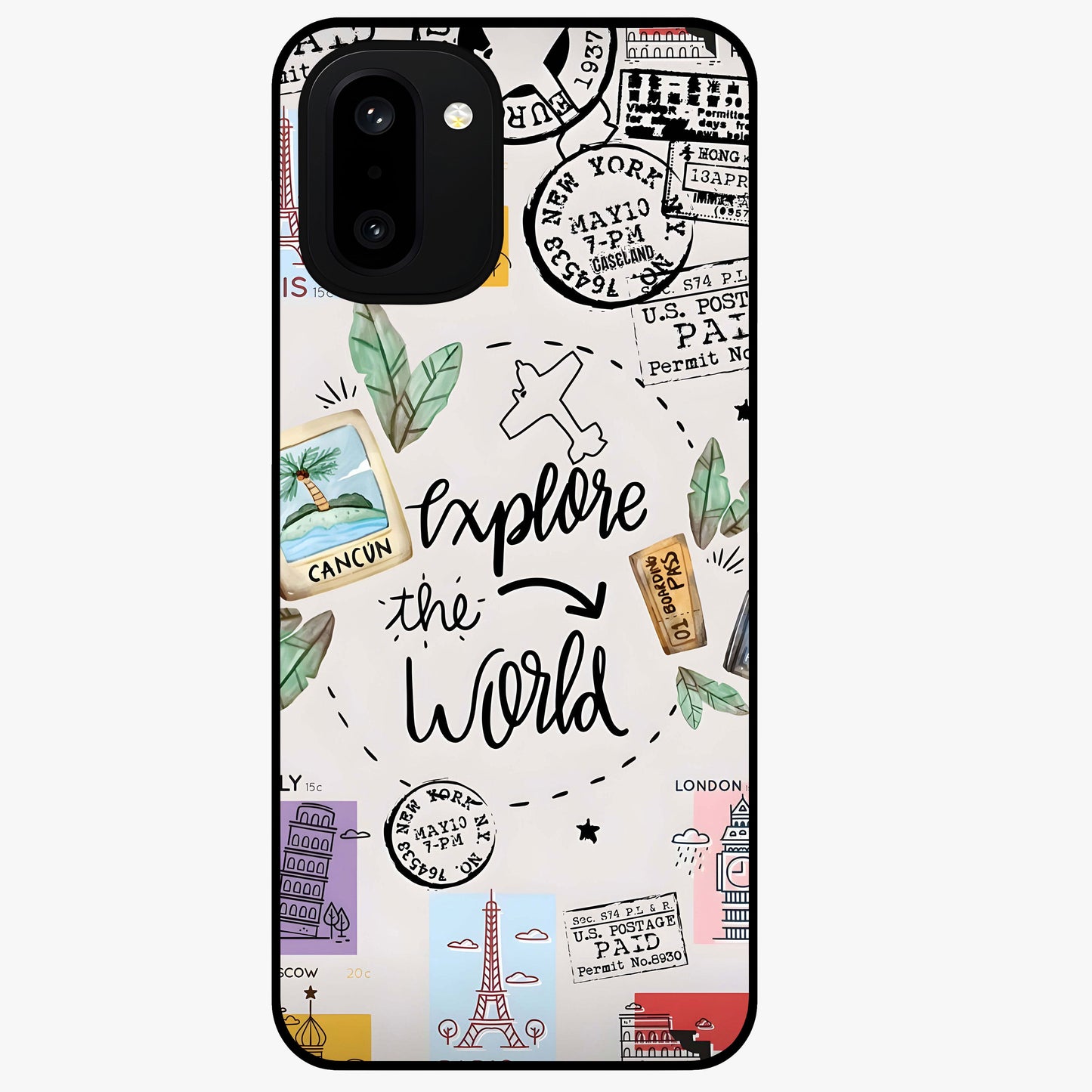 Adventure Awaits Art Glass Case for 1+15R front view featuring bold travel inspired typography artwork