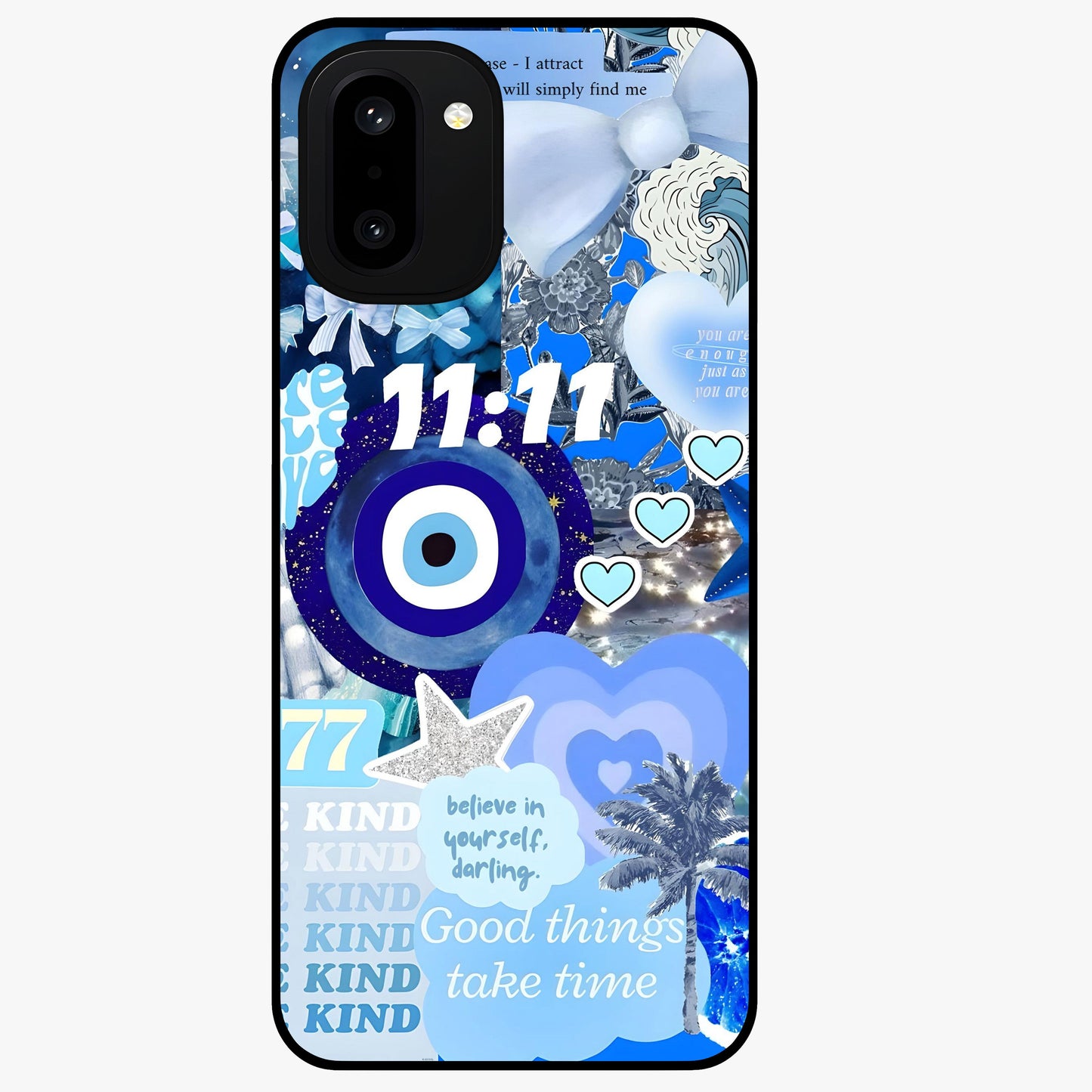 Aesthetic Be Kind Eye Glass Case for 1+15R front view featuring minimal eye illustration with positive message