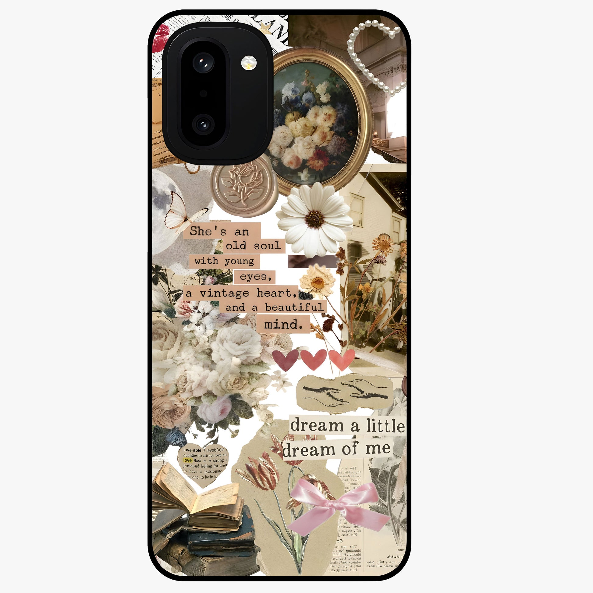 Aesthetic Brown Vintage Collage Glass Case for 1+15R front view featuring retro collage artwork in earthy tones