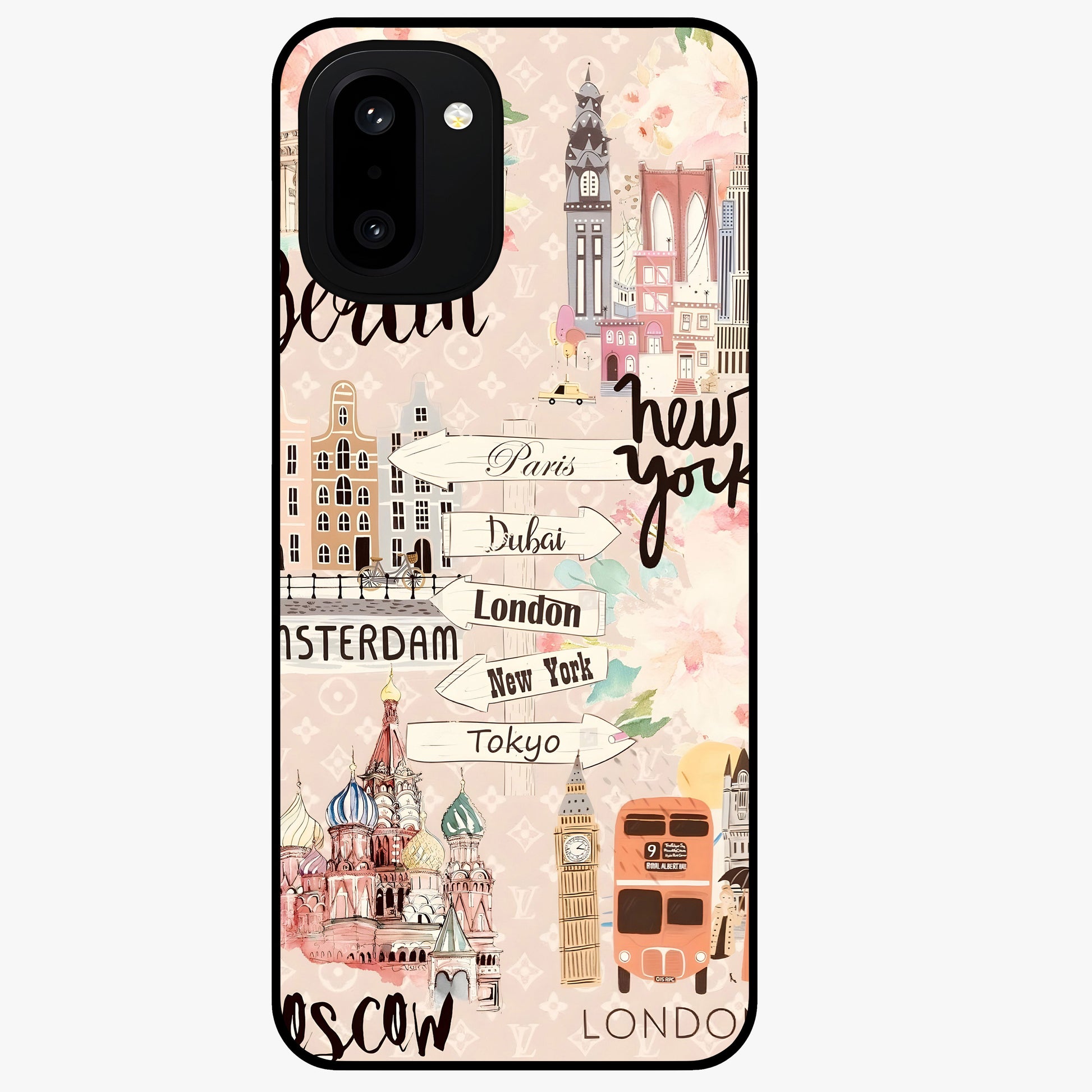 Aesthetic Travel Glass Case for 1+15R front view featuring wanderlust inspired travel artwork