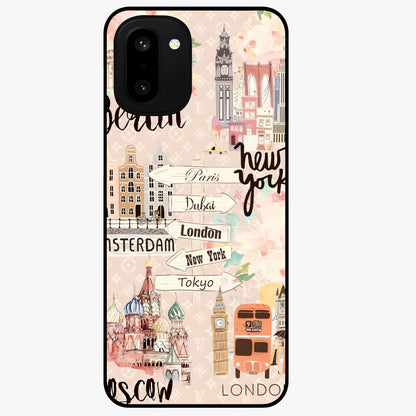 Aesthetic Travel Glass Case for 1+15R front view featuring wanderlust inspired travel artwork