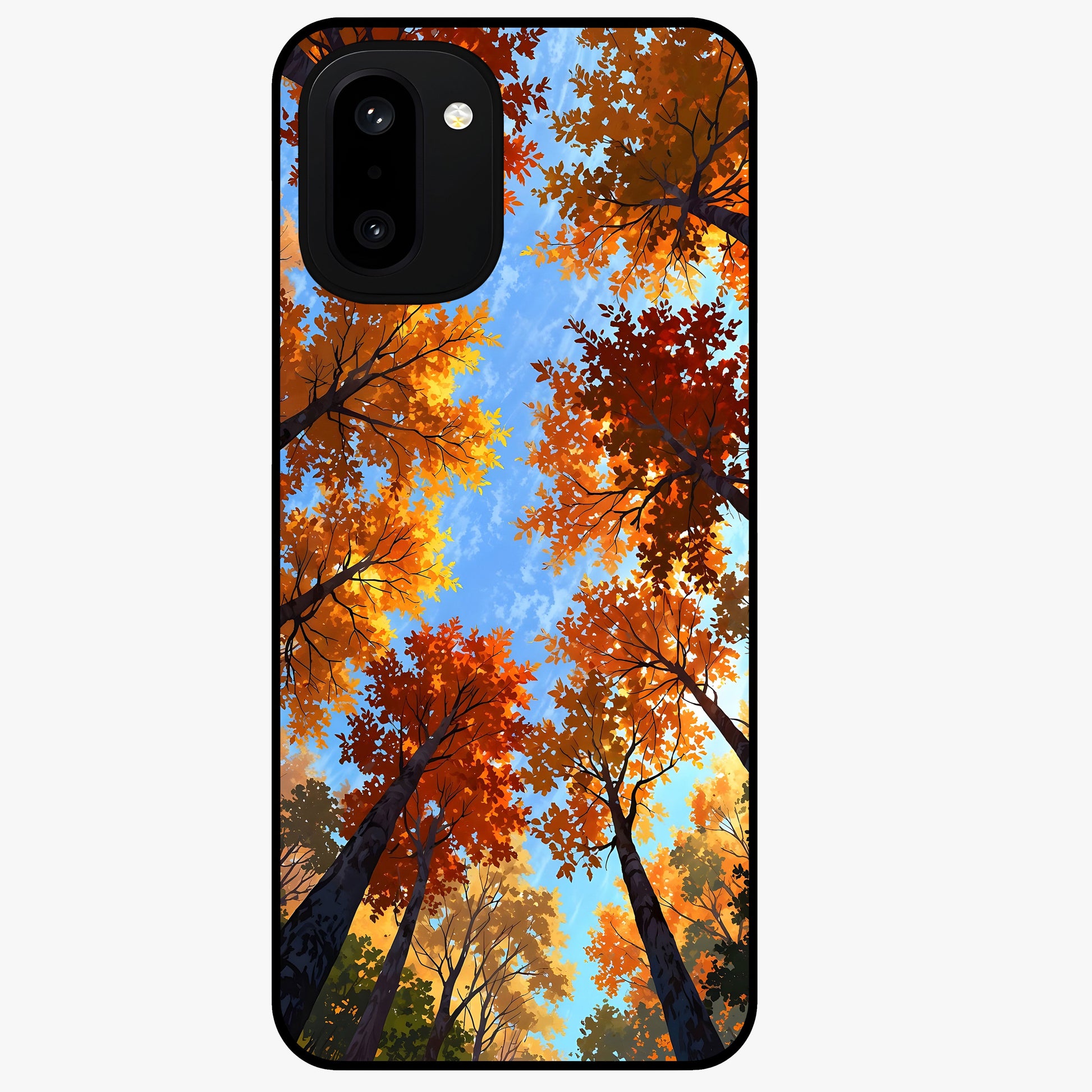 Amber Canopy Glow Glass Case for 1+15R warm front view featuring glowing forest canopy artwork