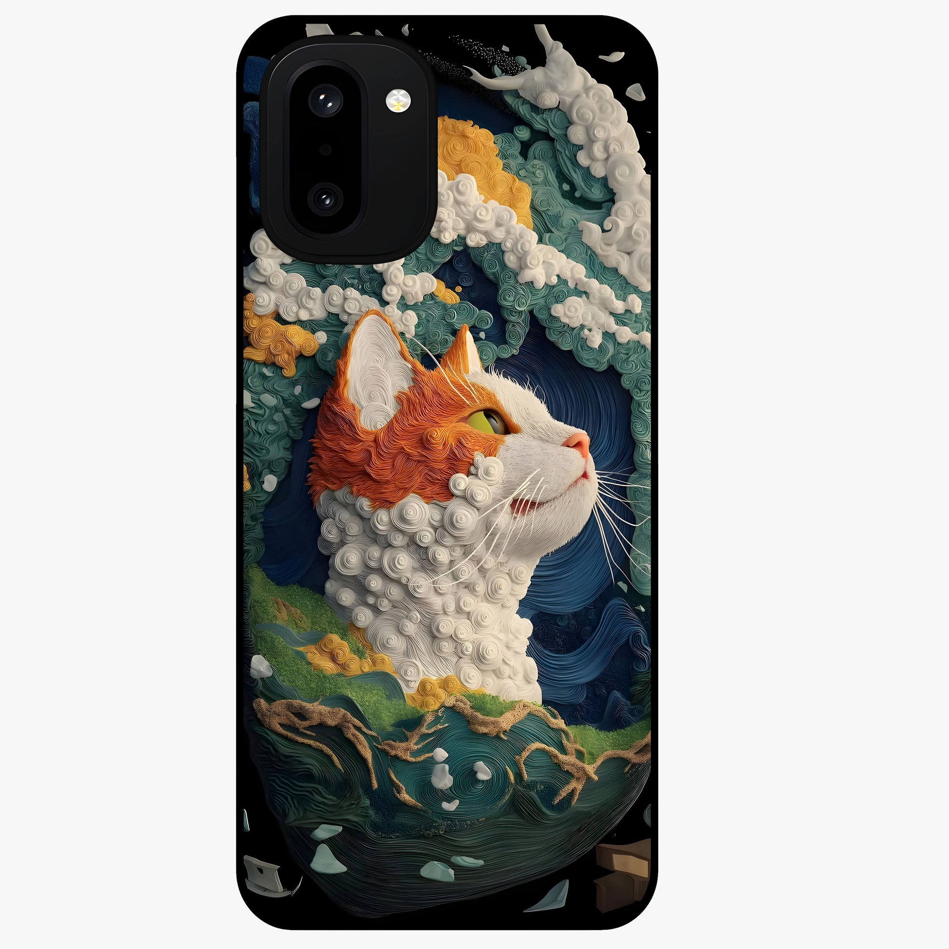 Aurora Cat Dreams Glass Case for 1+15R dreamy front view featuring glowing cat artwork with aurora tones
