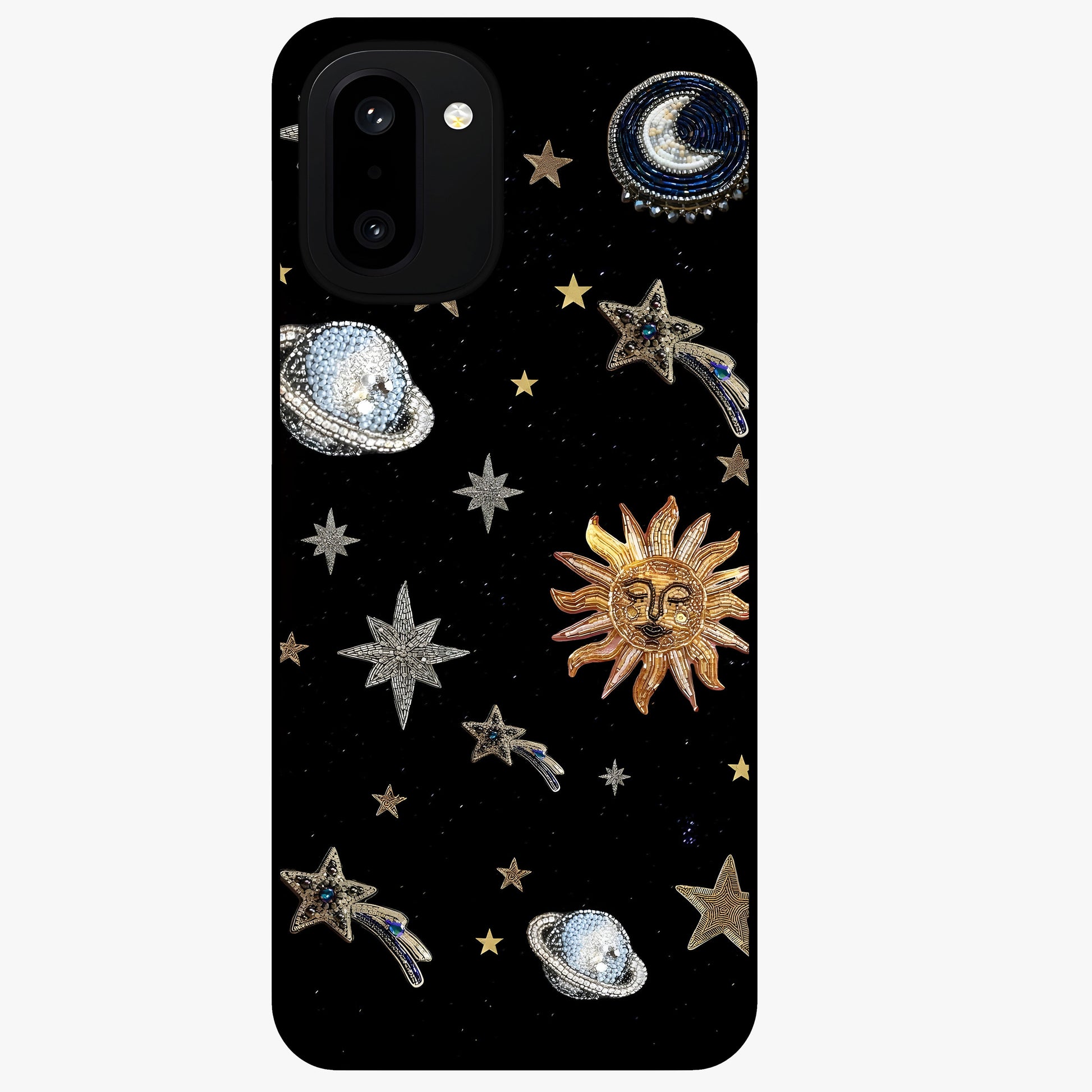 Beaded Cosmic Dreams Glass Case for 1+15R front view featuring celestial bead inspired cosmic artwork