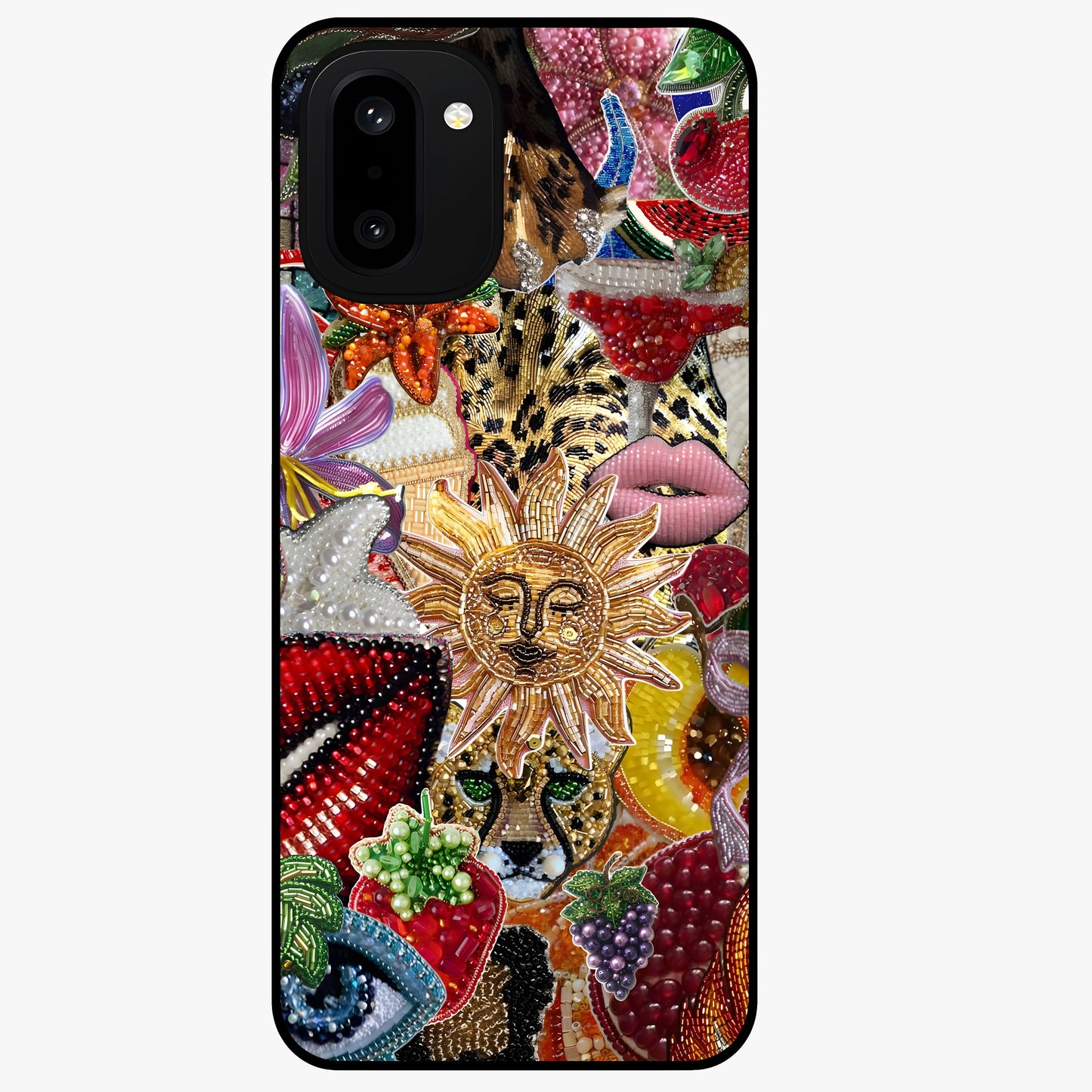 Beaded Fashion Jungle Glass Case for 1+15R bold front view featuring beaded jungle themed artwork