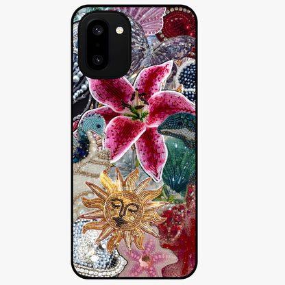 Beaded Garden Fantasy Glass Case for 1+15R front view featuring colorful beaded floral garden artwork