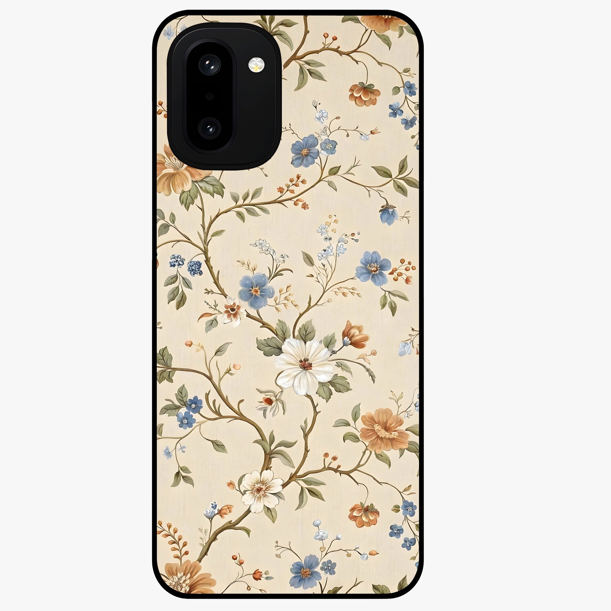 Beige Vintage Flower Glass Case for 1+15R soft front view featuring classic beige floral artwork
