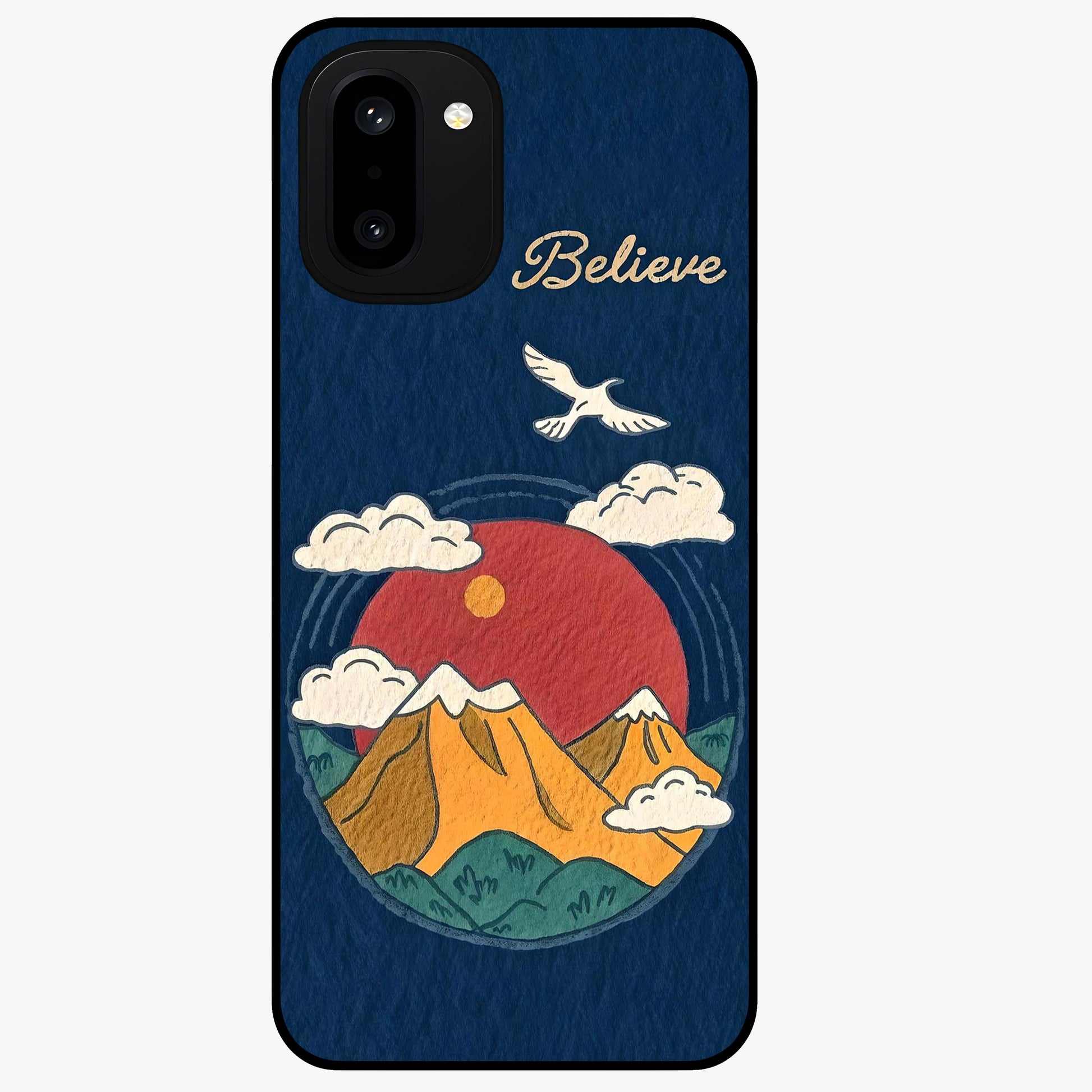 Believe Sky Escape Glass Case for 1+15R inspirational front view featuring sky inspired artwork with uplifting message