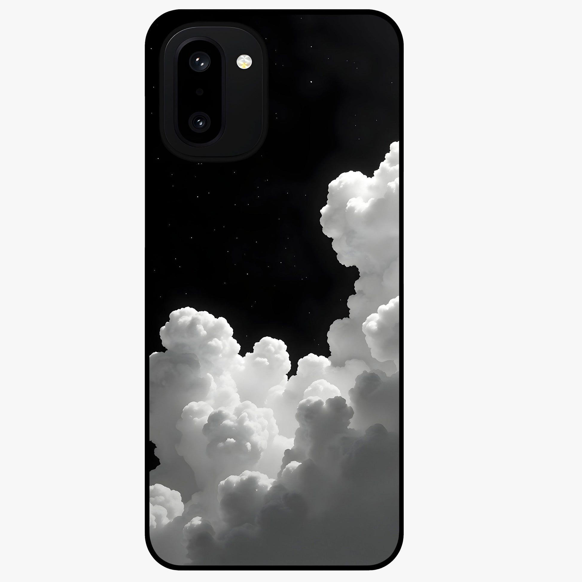 Black Background With White Cloud Glass Case for 1+15R striking front view featuring white cloud artwork on deep black backdrop