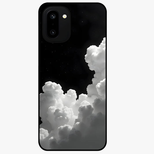 Black Background With White Cloud Glass Case for 1+15R striking front view featuring white cloud artwork on deep black backdrop
