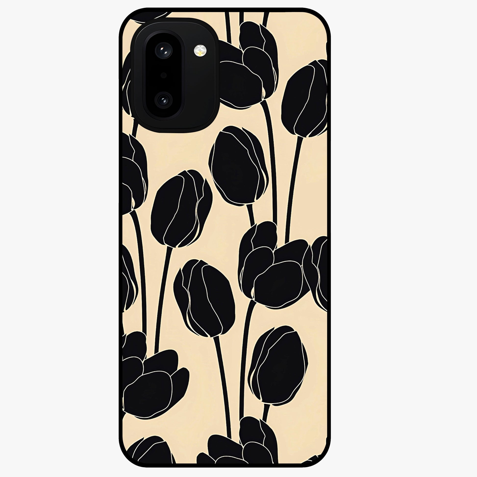 Black Designer Tulip Glass Case for 1+15R elegant front view featuring refined tulip artwork on black background