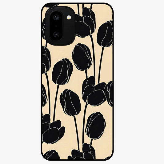 Black Designer Tulip Glass Case for 1+15R elegant front view featuring refined tulip artwork on black background