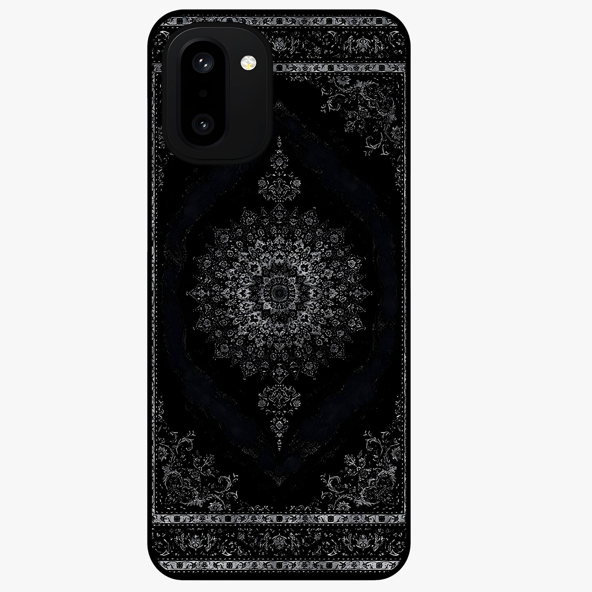 Black Persian Carpet Glass Case for 1+15R rich front view featuring intricate Persian carpet pattern artwork