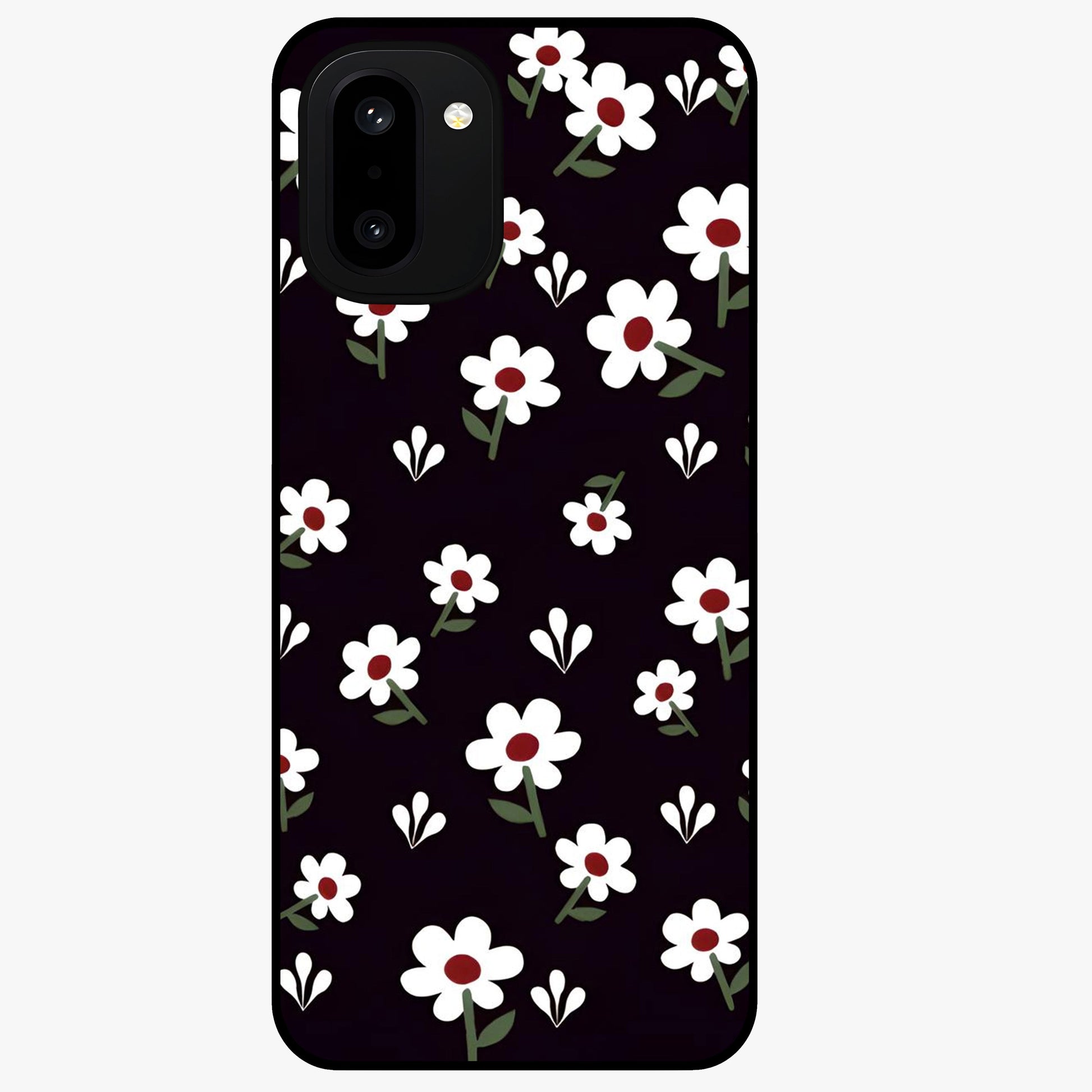 Black Prints Daisy Flower Pattern Glass Case for 1+15R front view featuring white daisy floral artwork on black base