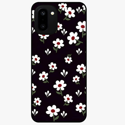 Black Prints Daisy Flower Pattern Glass Case for 1+15R front view featuring white daisy floral artwork on black base