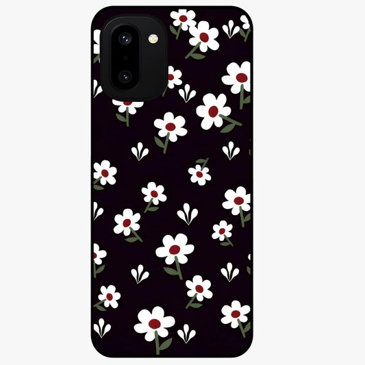 Black Prints Daisy Flower Pattern Glass Case for 1+15R front view featuring white daisy floral artwork on black base