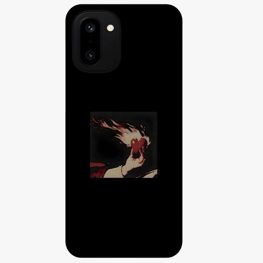 Blazing Heart Faith Glass Case for 1+15R showing full back design in clean flat view with fiery heart artwork and glossy glass finish.