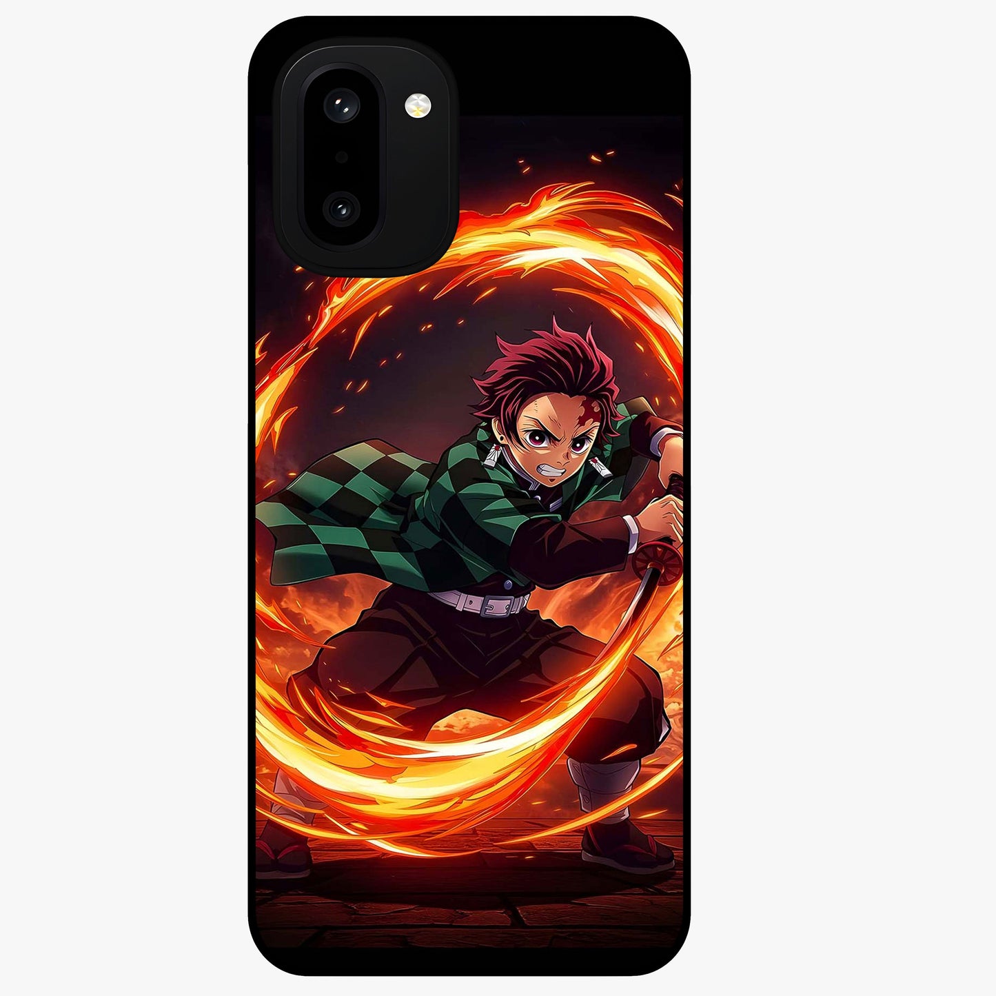 Blazing Sword Resolve Glass Case for 1+15R showing full back design in clean flat view with blazing sword artwork and glossy glass finish.