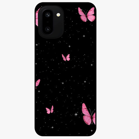 Blinking Butterfly Glass Case for 1+15R showing full back design in clean flat view with delicate butterfly artwork and glossy glass finish.