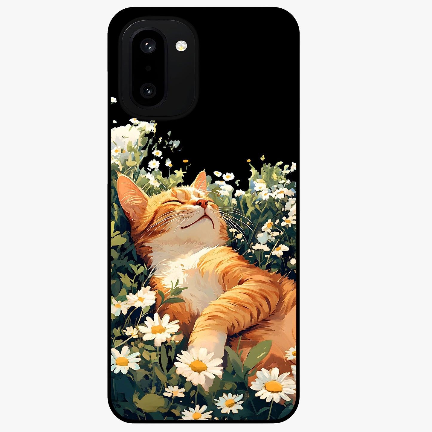 Blissful Bloom Cat Glass Case for 1+15R charming front view featuring floral cat artwork with soft aesthetic tones