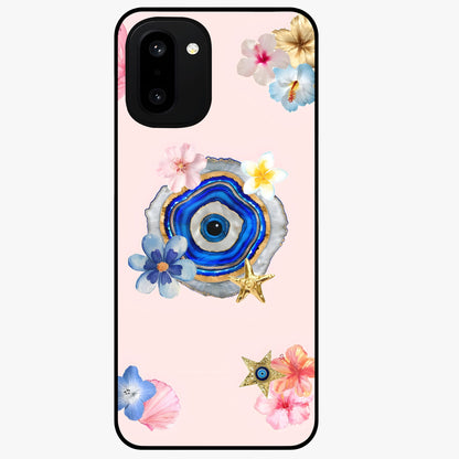 Blossom Evil Charm Glass Case for 1+15R elegant front view featuring floral evil eye inspired artwork