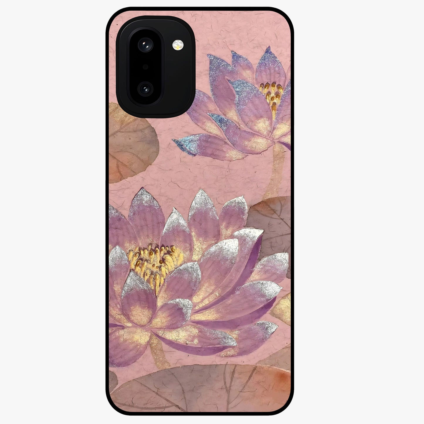 Blossom Mist Lotus Glass Case for 1+15R calm front view featuring lotus flower artwork with misty tones