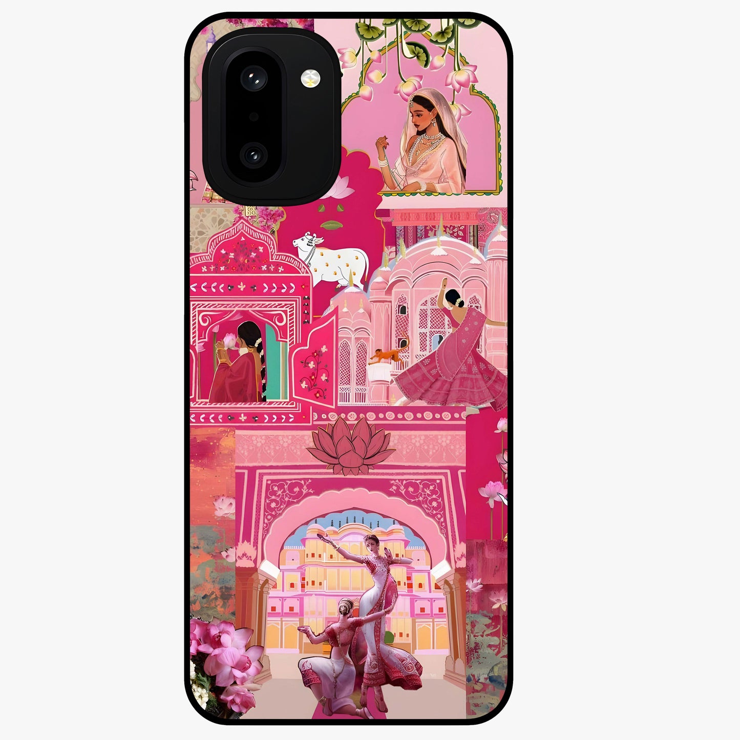 Blossoms of Rajasthan Glass Case for 1+15R vibrant front view featuring traditional Rajasthani floral artwork