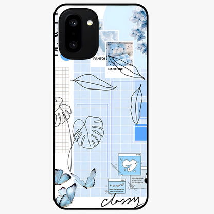 Blue Aesthetic Flower Glass Case for 1+15R elegant front view featuring soft blue floral artwork