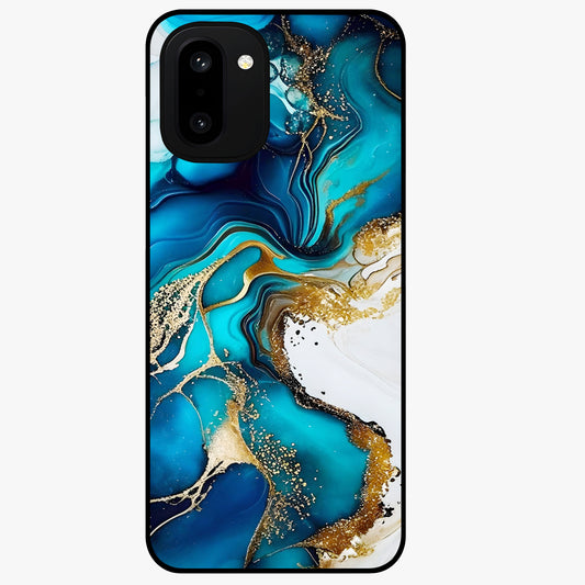 Blue and White Marble With Golden Viens Art Glass Case for 1+15R luxurious front view featuring marble texture with golden vein detailing