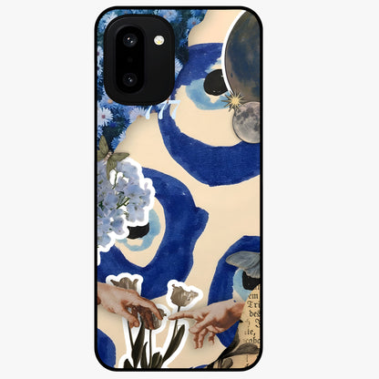 Blue Evil Divine Glass Case for 1+15R bold front view featuring vibrant evil eye artwork with divine aesthetic tones