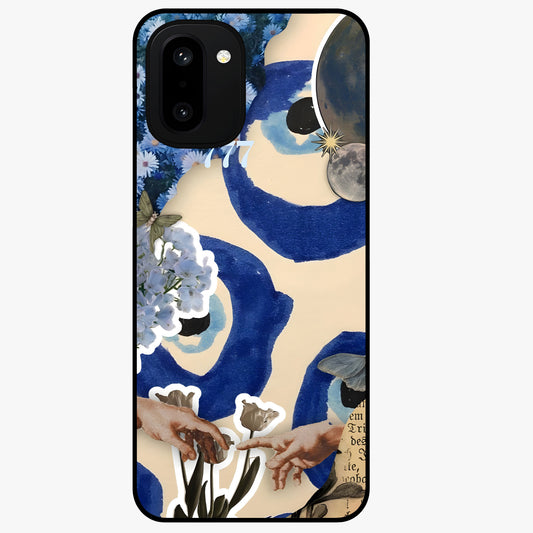 Blue Evil Divine Glass Case for 1+15R bold front view featuring vibrant evil eye artwork with divine aesthetic tones