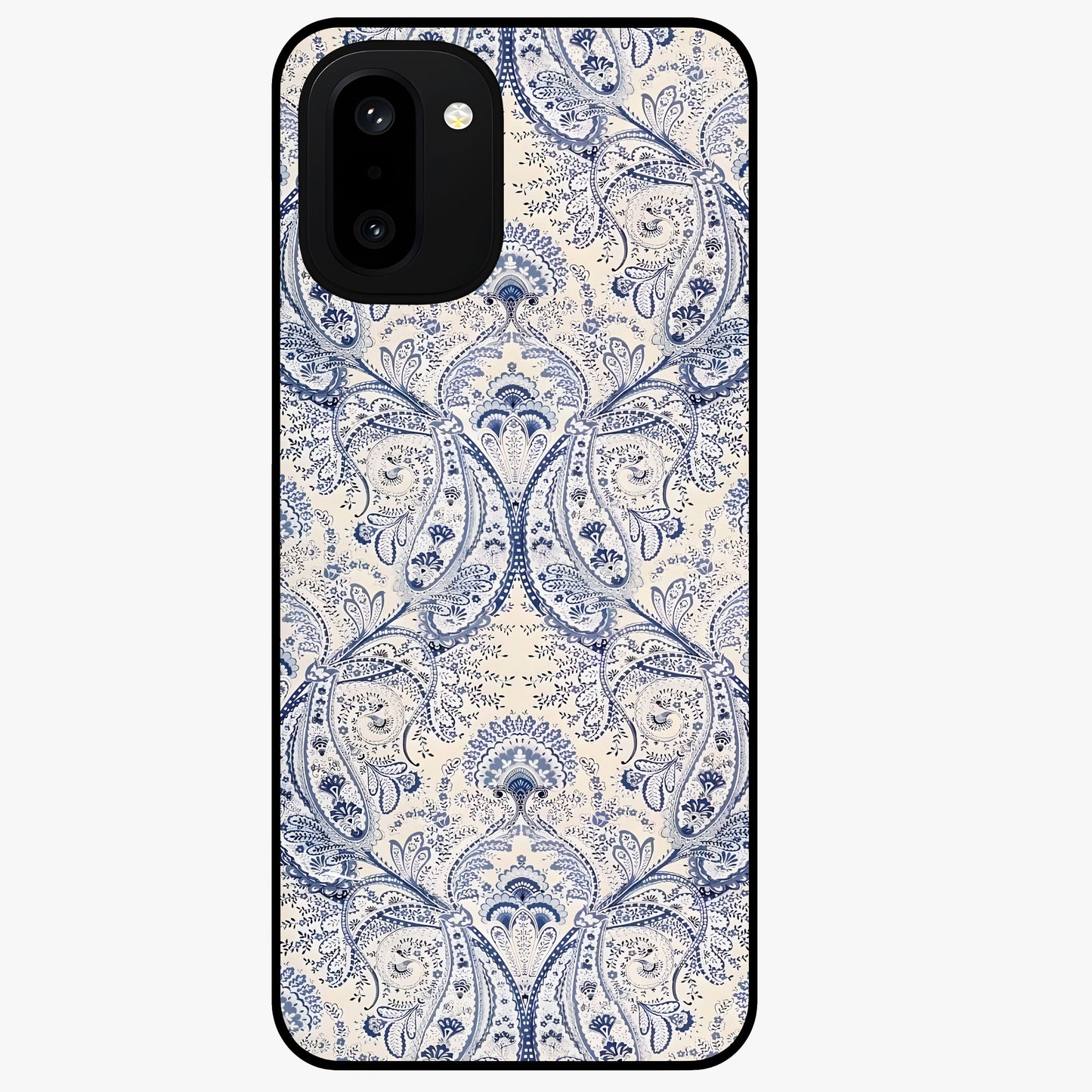 Blue Paisley Bloom Glass Case for 1+15R intricate front view featuring paisley floral artwork in rich blue tones
