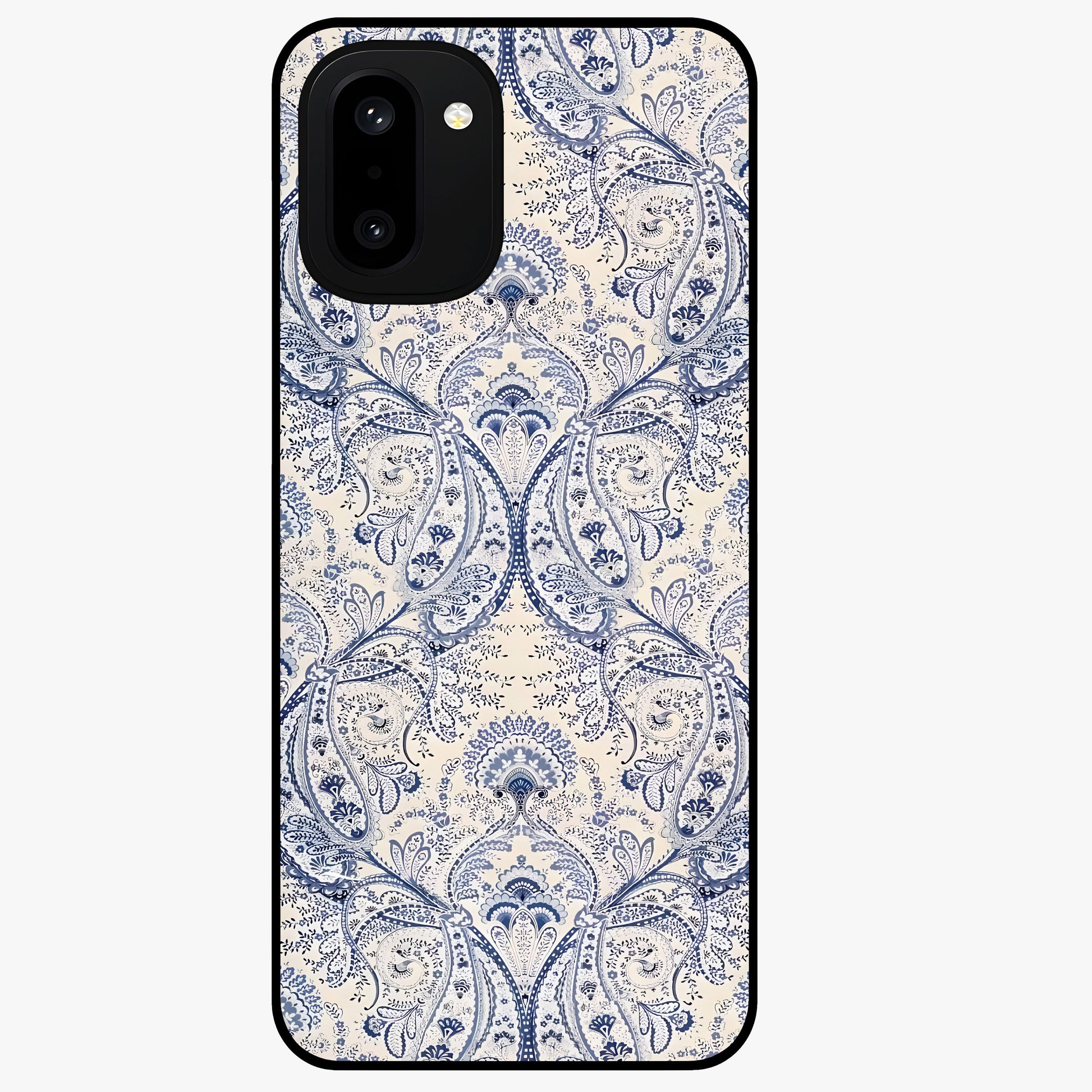 Blue Paisley Bloom Glass Case for 1+15R intricate front view featuring paisley floral artwork in rich blue tones