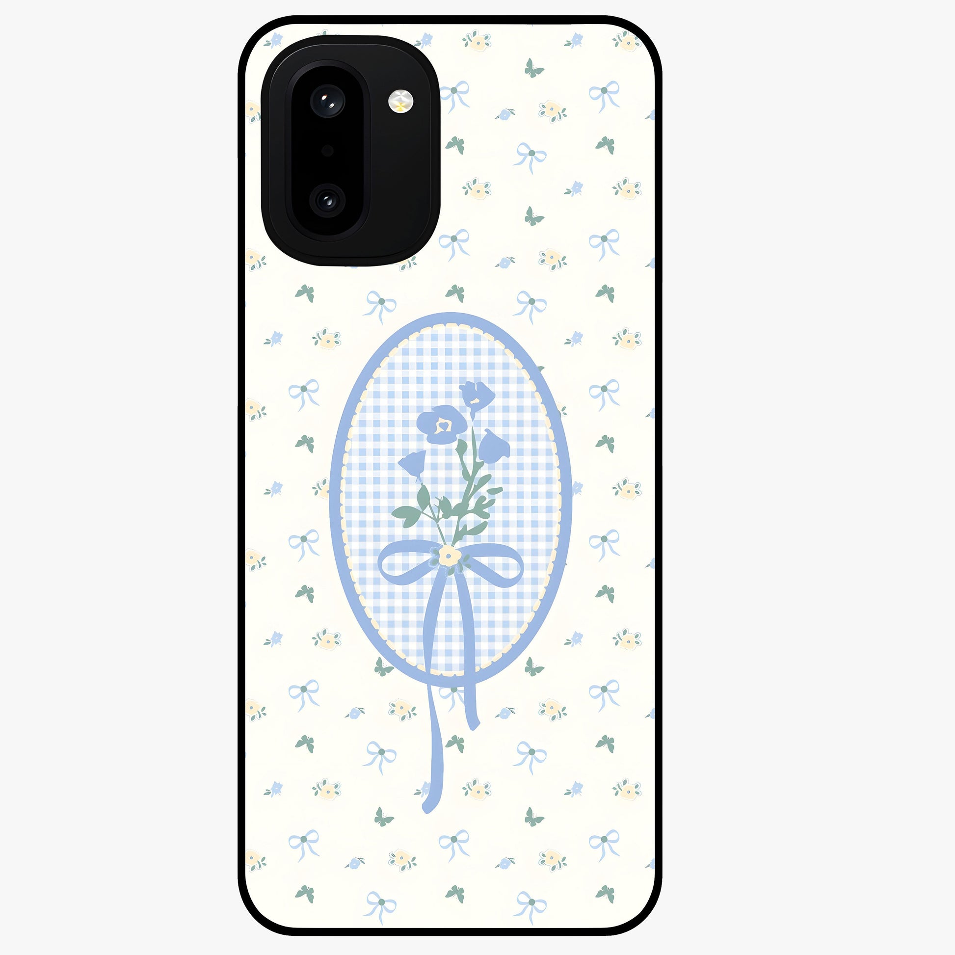 Blue Ribbon Bloom Glass Case for 1+15R elegant front view featuring soft floral artwork with ribbon accents