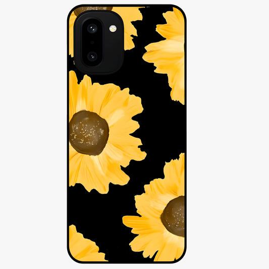 Bold Sunflowers Glow Glass Case for 1+15R vibrant front view featuring radiant sunflower artwork with warm golden tones