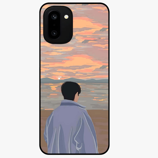 Boy Facing Sunset Beach Glass Case for 1+15R scenic front view featuring silhouette artwork against glowing sunset sky