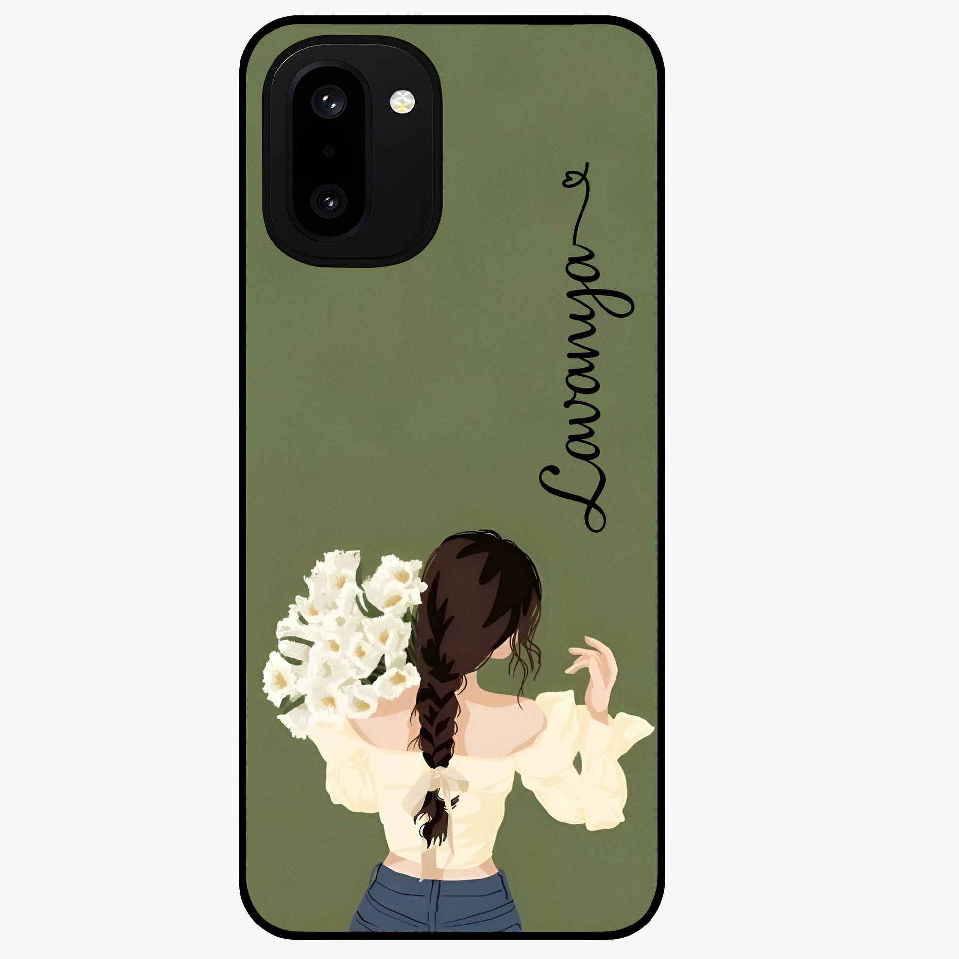 Braided Spring Beauty With Custom Name Glass Case for 1+15R elegant front view featuring braided floral artwork with personalized name design