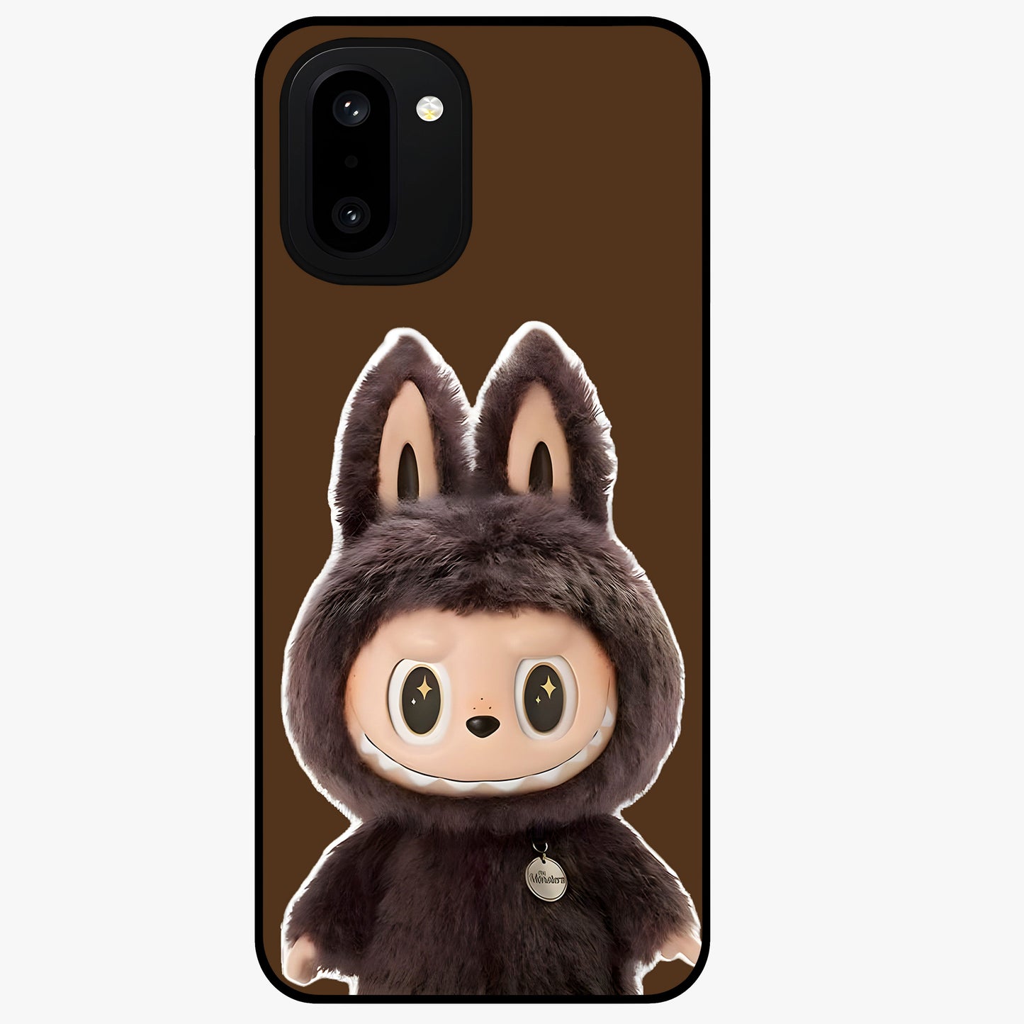 Brown Labubu Design Glass Case for 1+15R cute front view featuring playful Labubu character artwork in warm brown tones