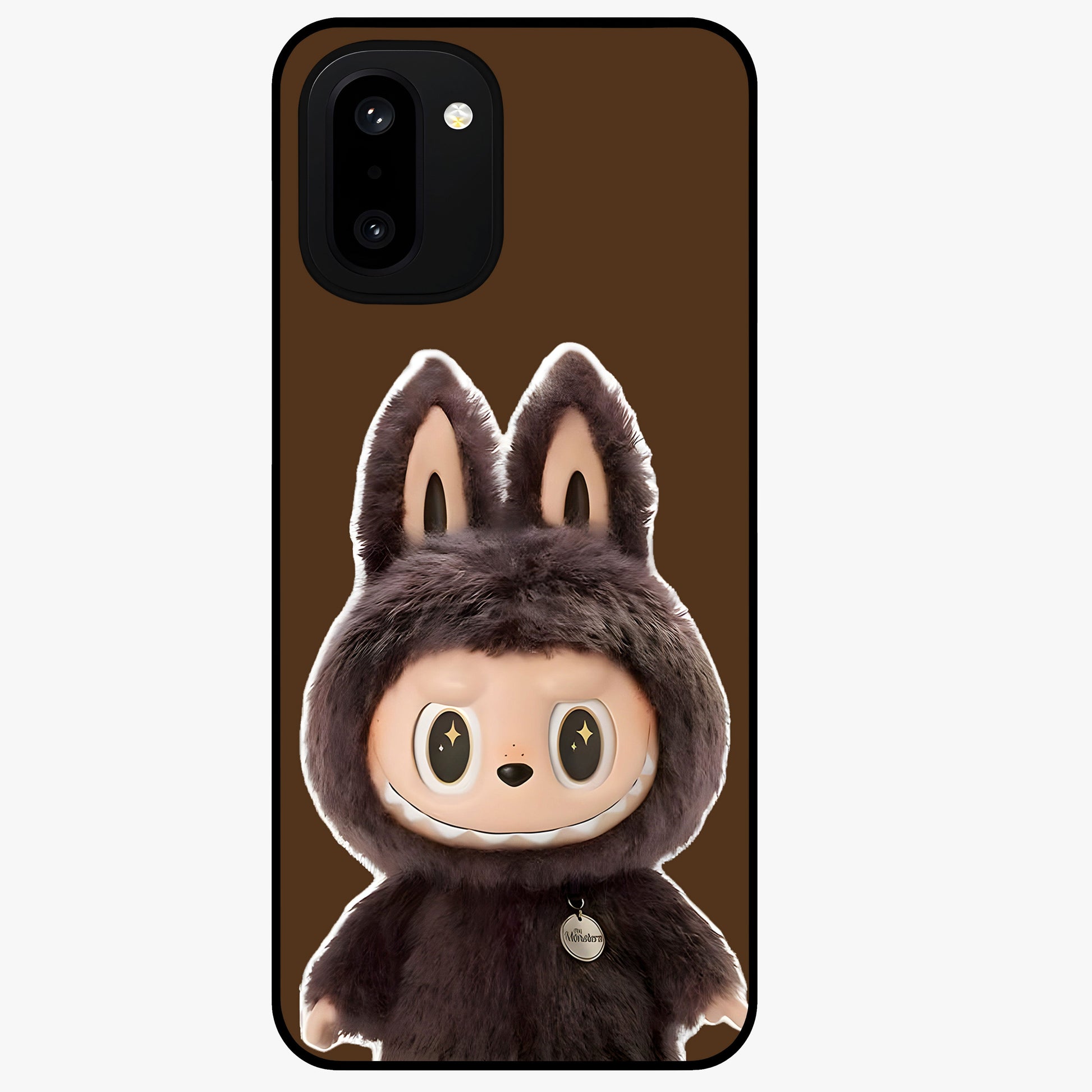 Brown Labubu Design Glass Case for 1+15R cute front view featuring playful Labubu character artwork in warm brown tones