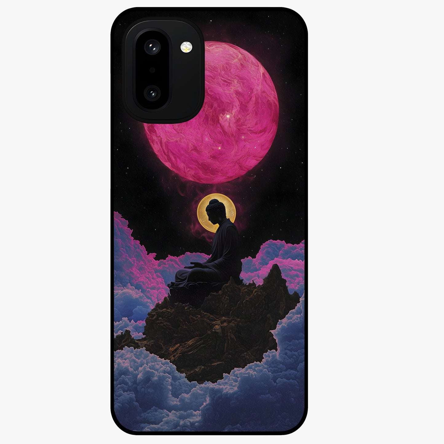 Buddha and Planets Glass Case for 1+15R serene front view featuring Buddha artwork with cosmic planetary background