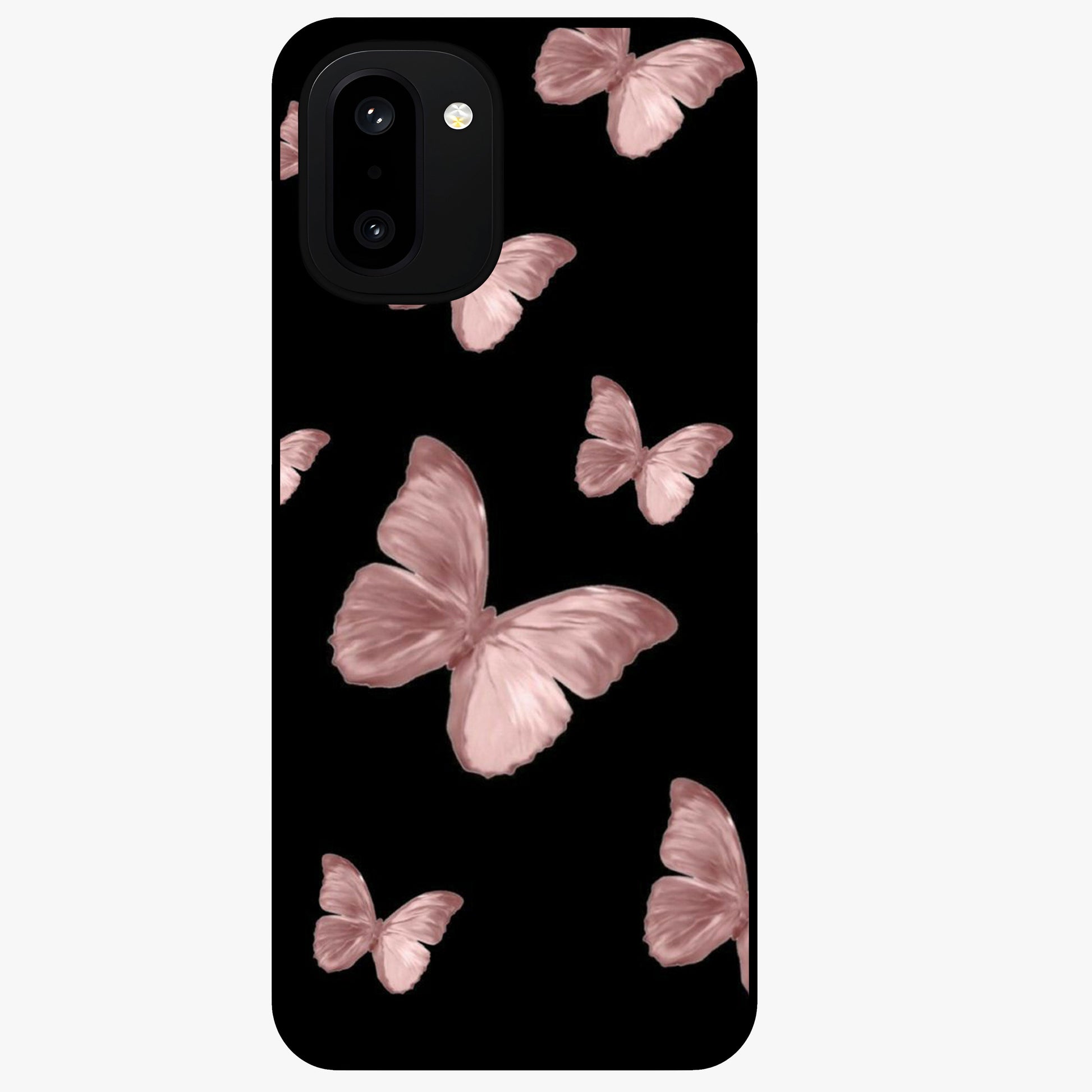Butterfly Pattern Glass Case for 1+15R elegant front view featuring repeating butterfly artwork with aesthetic detailing
