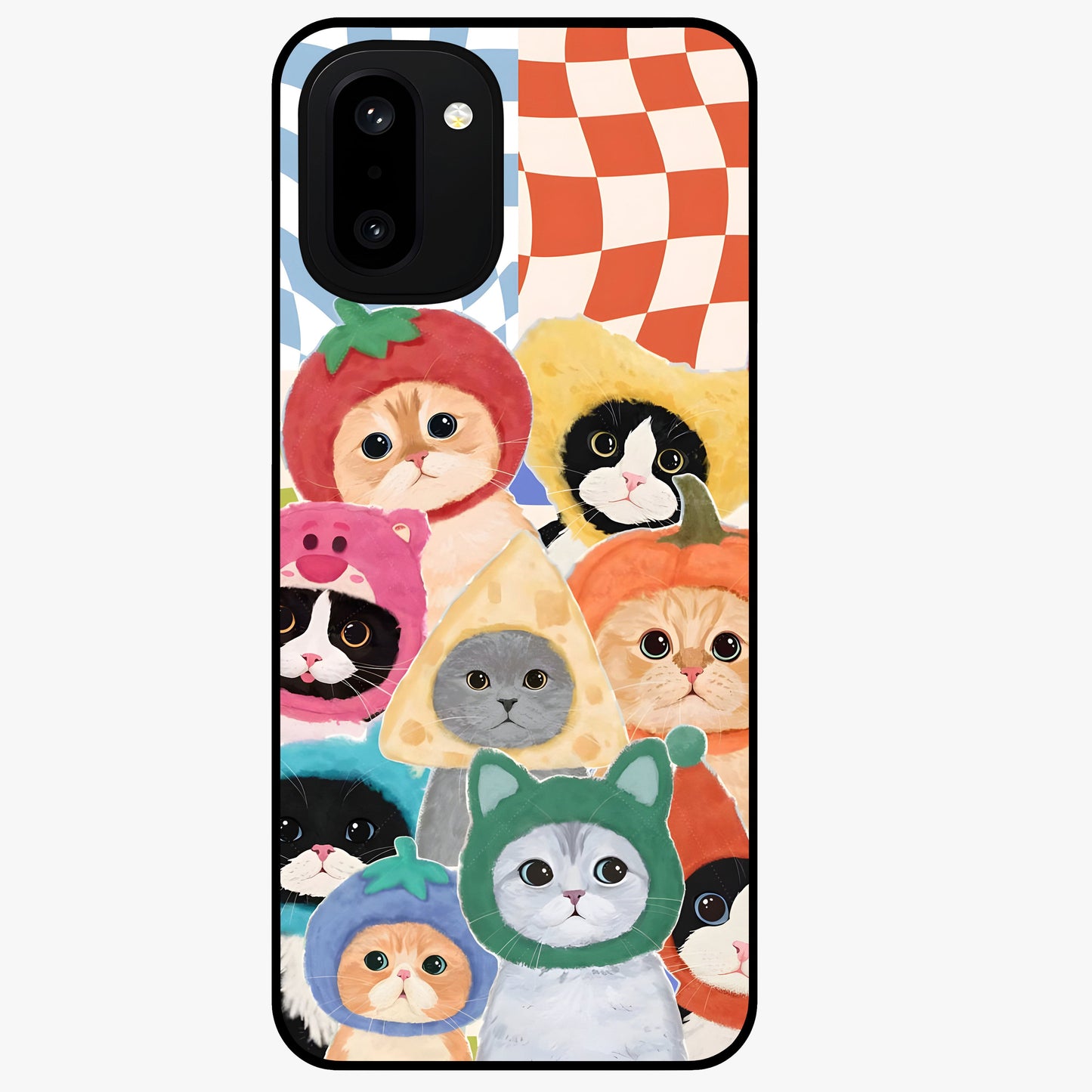 Cats in Fruits Glass Case for 1+15R playful front view featuring cute cat illustrations with vibrant fruit artwork