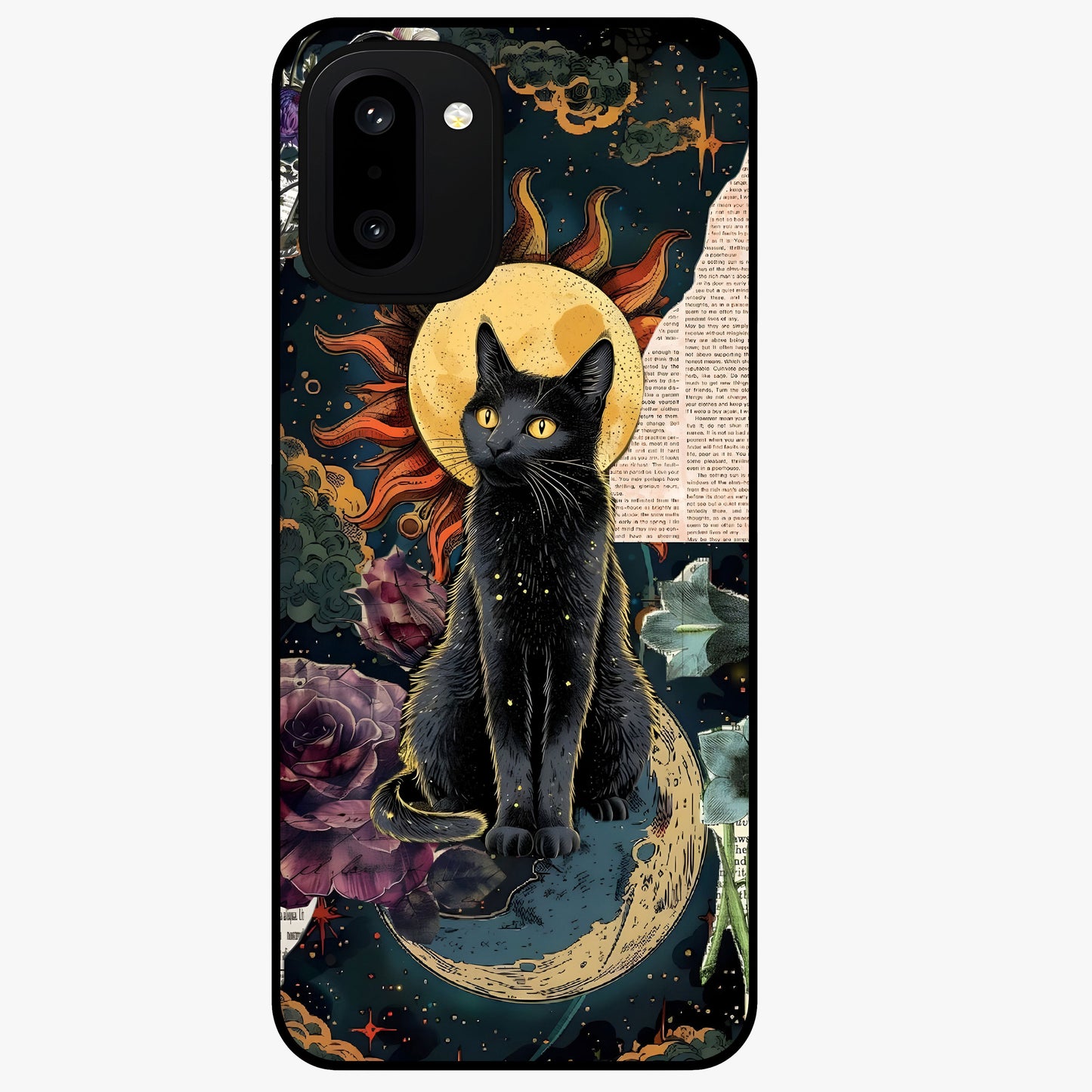 Celestial Black Cat Glass Case for 1+15R mystical front view featuring black cat artwork with cosmic background
