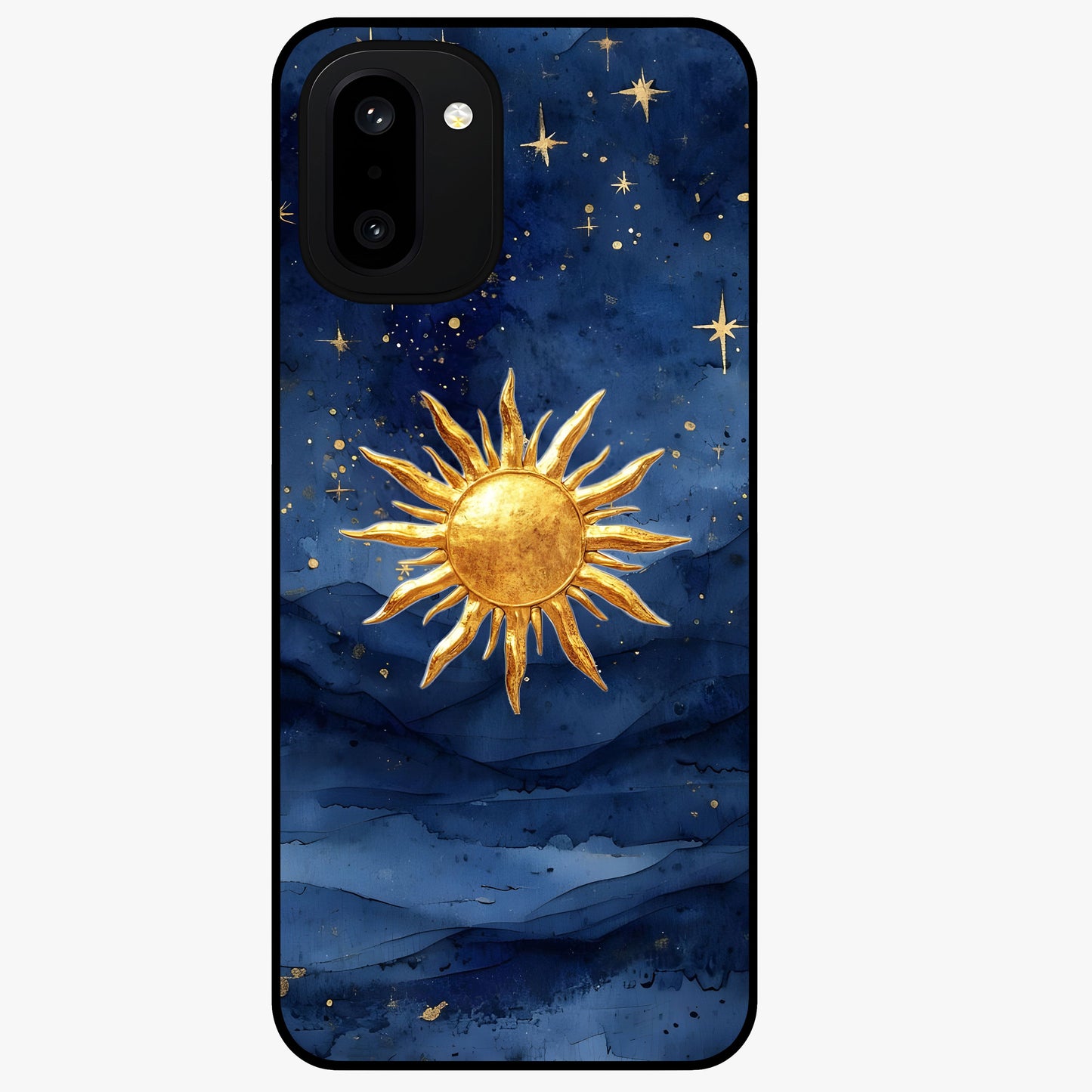 Celestial Blue Glow Glass Case for 1+15R radiant front view featuring glowing blue cosmic artwork