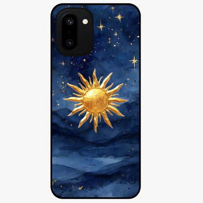 Celestial Blue Glow Glass Case for 1+15R radiant front view featuring glowing blue cosmic artwork