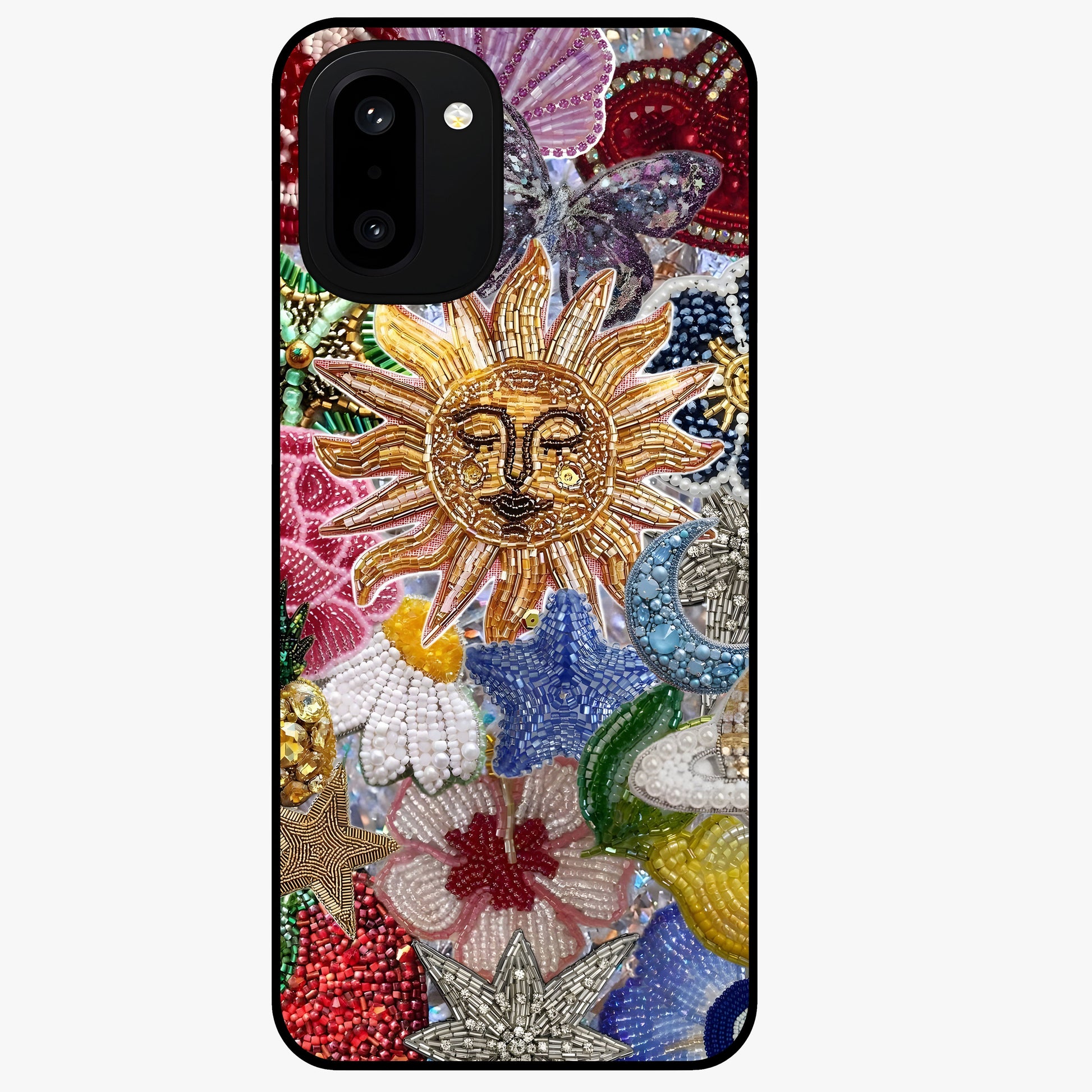 Celestial Floral and Playful Glass Case for 1+15R vibrant front view featuring floral artwork blended with cosmic elements
